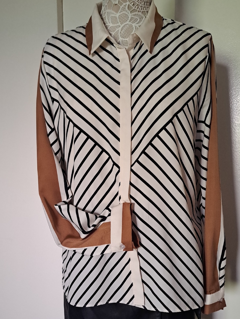 Moder Work Striped Button-Up Blouse with Camel Sleeve Panels